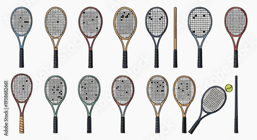 Various tennis rackets artfully arranged, alongside a solitary tennis ball. A collection of rackets in different styles and designs, ready for the game