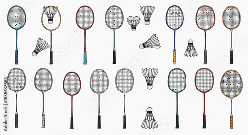 A collection of badminton racquets and shuttlecocks, artfully arranged, set against an elegant backdrop. The image shows a set of meticulously illustrated racquets.