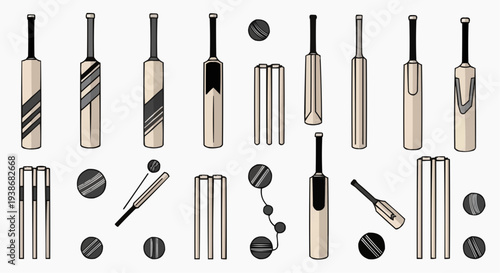 Variety of Cricket Equipment: Bats, Balls and Stumps in illustration view