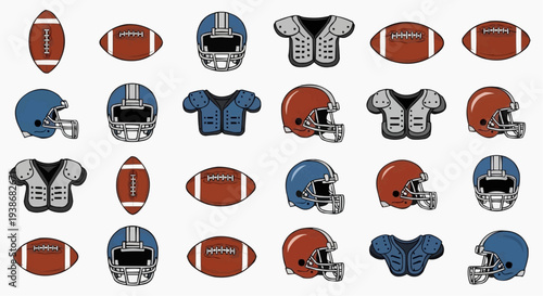 Collection of American football gears, including helmets, shoulder pads, and balls, arranged together