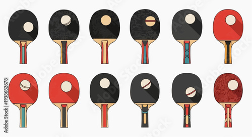 An array of ping pong paddles in various designs. Each paddle is uniquely designed with vibrant colors and shadows, with a ball present