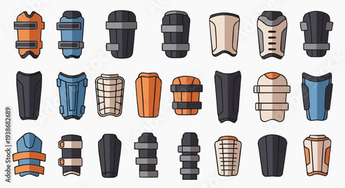 A collection of colorful sport guards in a set of arranged. The guards show the details for body protections