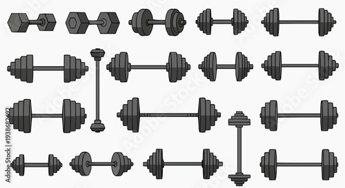 A collection of diverse dumbbells presented in rows and columns