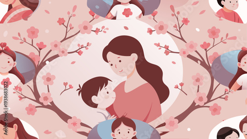 Happy Mothers Day Celebration with Loving Mom and Child Illustration
Mothers Day Greeting Background with Flowers Hearts and Family Love
Happy Mothers Day Card Design with Mom and Kids Love Concept
