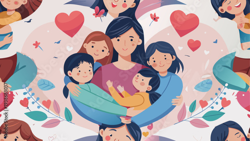 Happy Mothers Day Celebration with Loving Mom and Child Illustration
Mothers Day Greeting Background with Flowers Hearts and Family Love
Happy Mothers Day Card Design with Mom and Kids Love Concept
