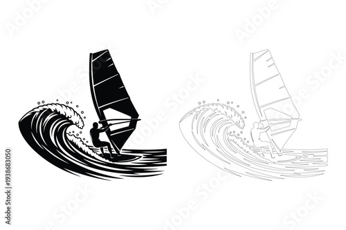 Windsurfing Action and Wave Vector Illustration