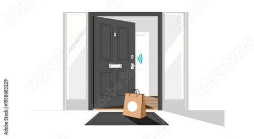 Shopping bags at the entrance of a building with an open door