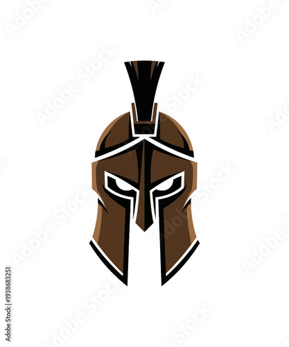 Fierce vector illustration of a brown Spartan warrior helmet design featuring a menacing crest and eye slits.