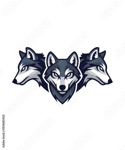 Striking vector graphic illustration featuring three fiercely detailed wolf heads designed for esports team logos.