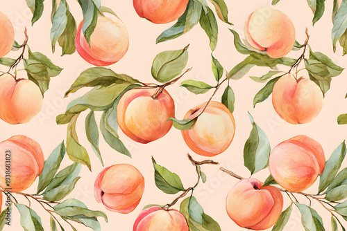 Peach fruit design with leaves and branches on a light background for decorative purposes