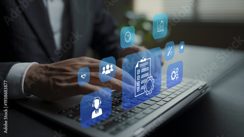SLA service level agreement management concept. Person typing keyboard with contract and performance monitoring icons, service quality assurance, customer support standards and business compliance.