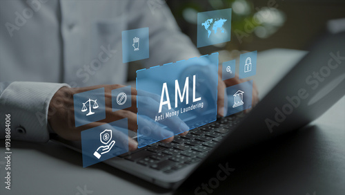 Anti money laundering monitoring system concept. Person using laptop with financial audit and security icons, suspicious transaction analysis, regulatory reporting and financial protection.