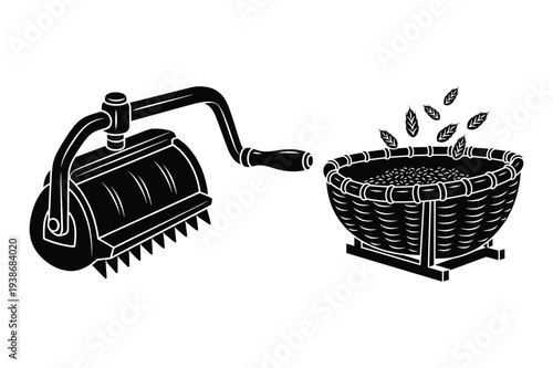 Vector illustration of grain thresher and harvest basket