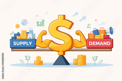 Economic Concept of Supply and Demand Balance with a Strong Dollar Sign Character Holding a Seesaw Scale with Goods and Consumer Shopping Bags, Representing Market Price and Financial Growth.