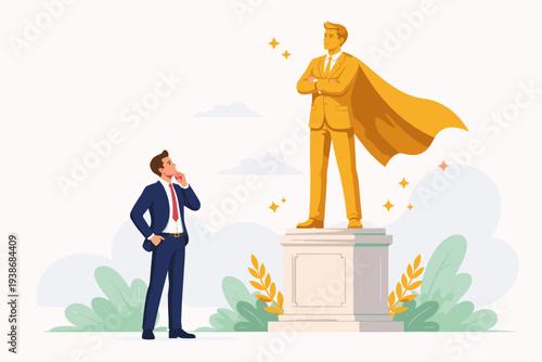 Businessman Looking at a Golden Statue of Himself with a Cape on a Pedestal, Concept of Ego, Self-Importance, Narcissism, Overconfidence, Leadership, Success, Ambition, and High Self-Esteem Vector