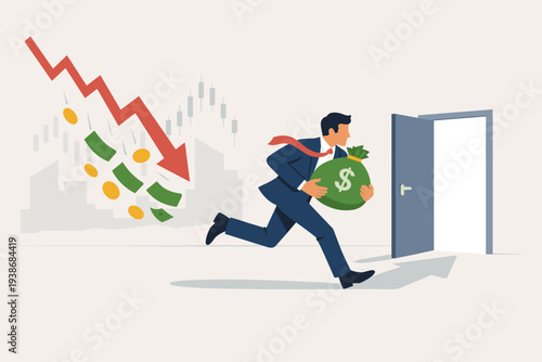 Businessman running with a money bag to an exit door during a stock market crash with a red downward arrow. Concept of market timing, selling for profit, and escaping financial crisis and loss.