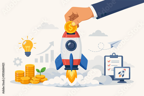 Startup Funding and Venture Capital Investment Concept with a Hand Putting a Gold Coin into a Rocket Ship. Financial Growth, Project Budgeting, Innovation, and Success Strategy Flat Illustration.