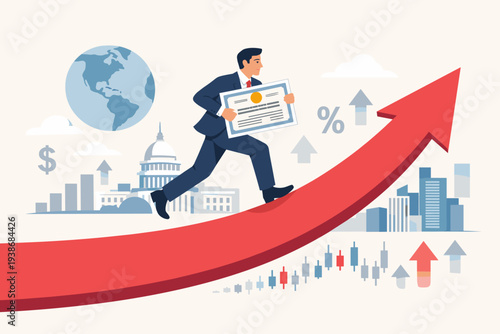 Businessman Running Up Rising Red Arrow Holding US Treasury Bond Certificate with Capitol Building, Globe, and Stock Market Charts in Background, Concept of Global Economic Growth and Yields.