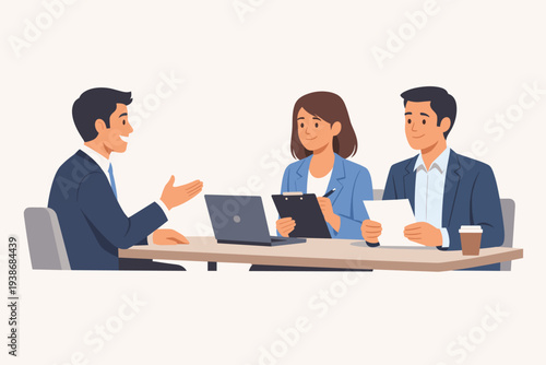 Professional job interview and recruitment process with HR managers and male candidate discussing career opportunities in a corporate office setting, business meeting and hiring illustration.