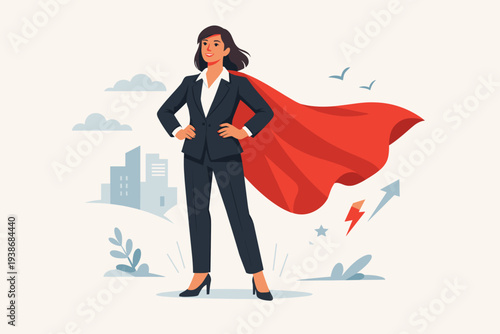 Powerful Businesswoman in Professional Suit Wearing a Red Superhero Cape Standing in a Confident Pose with City Skyline, Concept of Female Empowerment, Leadership, Strength, and Career Success.