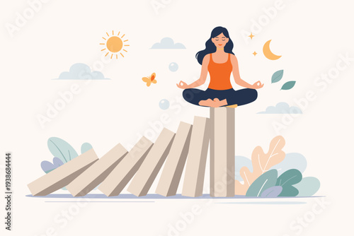 Woman Practicing Mindfulness Meditation in Lotus Pose on a Standing Domino to Stop the Chain Reaction of Stress, Representing Inner Peace, Mental Health, Emotional Balance, Stability, and Calmness.