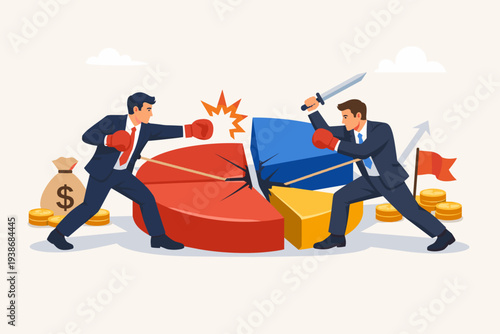 Businessmen in suits fighting for market share and industry dominance. Two competitors with boxing gloves and sword battling over a pie chart representing sales, profit, and financial growth.