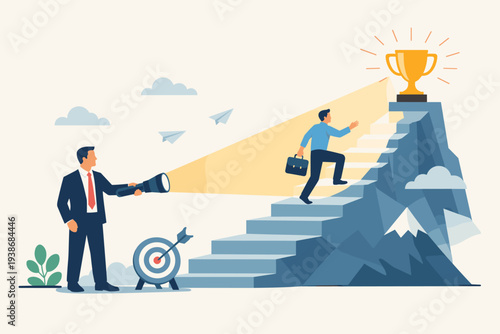 Business mentorship and manager support for employee finding career success with help and guidance to discover potential, leadership coaching for professional growth and achievement on the path.