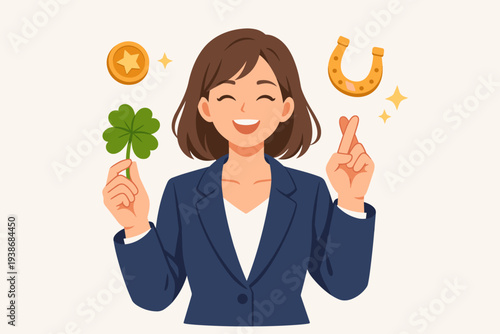Happy Businesswoman Holding Four-Leaf Clover and Crossing Fingers for Good Luck, Success, and Fortune in Career, Featuring Golden Horseshoe and Lucky Coin Symbols, Vector Illustration Concept