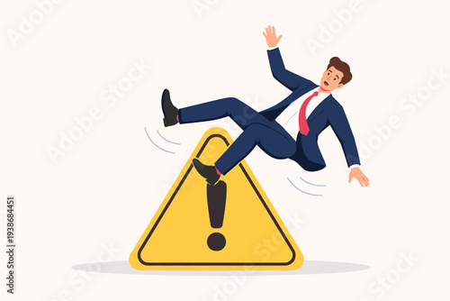 Businessman in a Suit Falling Over a Large Yellow Caution Warning Sign, Concept of Business Risk, Failure, Mistake, and Workplace Accident Prevention, Professional Vector Illustration Design
