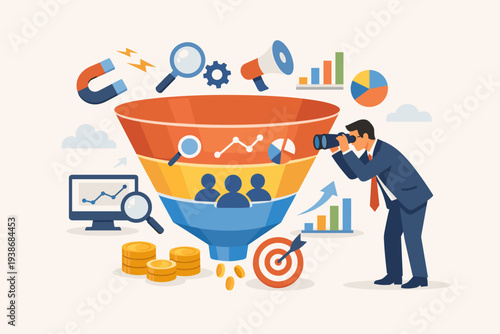 Marketing funnel for sales prospect discovery and lead generation with businessman using binoculars for martech analytics optimization, customer journey conversion strategy, and data analysis.
