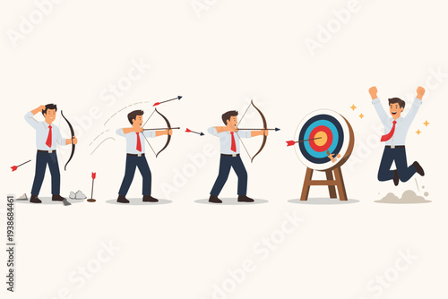 Businessman practicing archery to hit a target, showing a sequence from failure and mistakes to discipline, effort, improvement, and final success with a bullseye achievement. Professional growth.