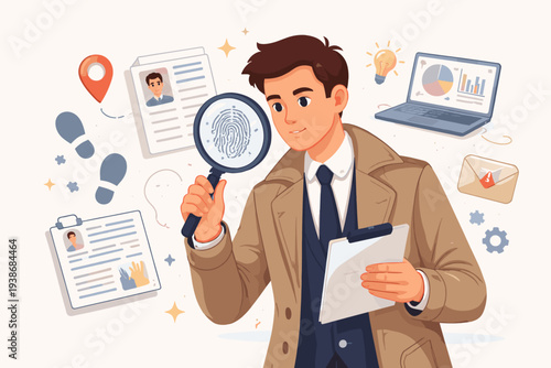 Professional detective or investigator in a trench coat examining a fingerprint with a magnifying glass and holding a clipboard, surrounded by data analysis icons, laptop, and evidence files.