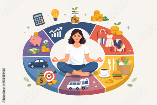 Personal Finance and Budget Management Concept with a Woman Meditating Surrounded by Expense Categories like Food, Shopping, Transport, Savings, Investment, and Financial Goals Vector Illustration