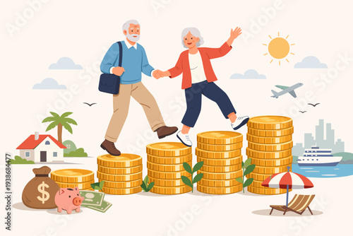 Happy senior couple walking on stacks of gold coins for retirement planning and pension fund investment, wealth management for future financial security, travel and lifestyle after retiring.