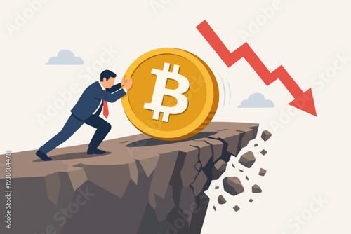 Businessman pushing a large Bitcoin coin away from a crumbling cliff edge to prevent it from falling, representing cryptocurrency market crash, financial risk, price volatility, and loss.