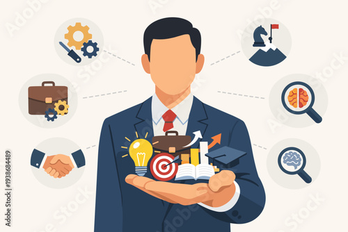 Businessman holding professional skills and career development icons. Concept of expertise, leadership, education, and strategic thinking for business success, multitasking, and growth.