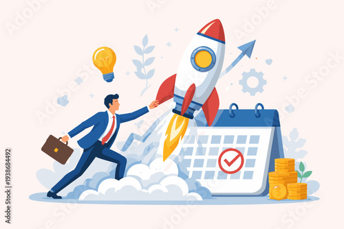 Businessman Launching Rocket for New Business Startup, Entrepreneur Quitting Job to Start Innovative Project, Company Product Launch with Calendar Planning, Money Growth and Creative Idea Concept.