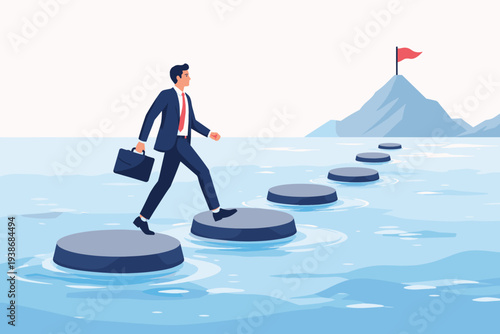Businessman walking on stepping stones across water towards a mountain with a red flag, symbolizing career success, progress, milestones, achieving business goals, and overcoming obstacles.