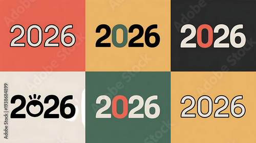 Bold, repeated number displays a future year across vibrant, contrasting color blocks.
