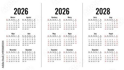 Calendars displaying years 2026, 2026, and 2028, with monthly grids and highlighted dates.