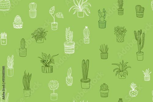 Seamless pattern of plants. Herbs in pot, indoor plants, small plants, gardening, potted plant. Cactus, monstera. Houseplant, greenhouse. Hand drawn