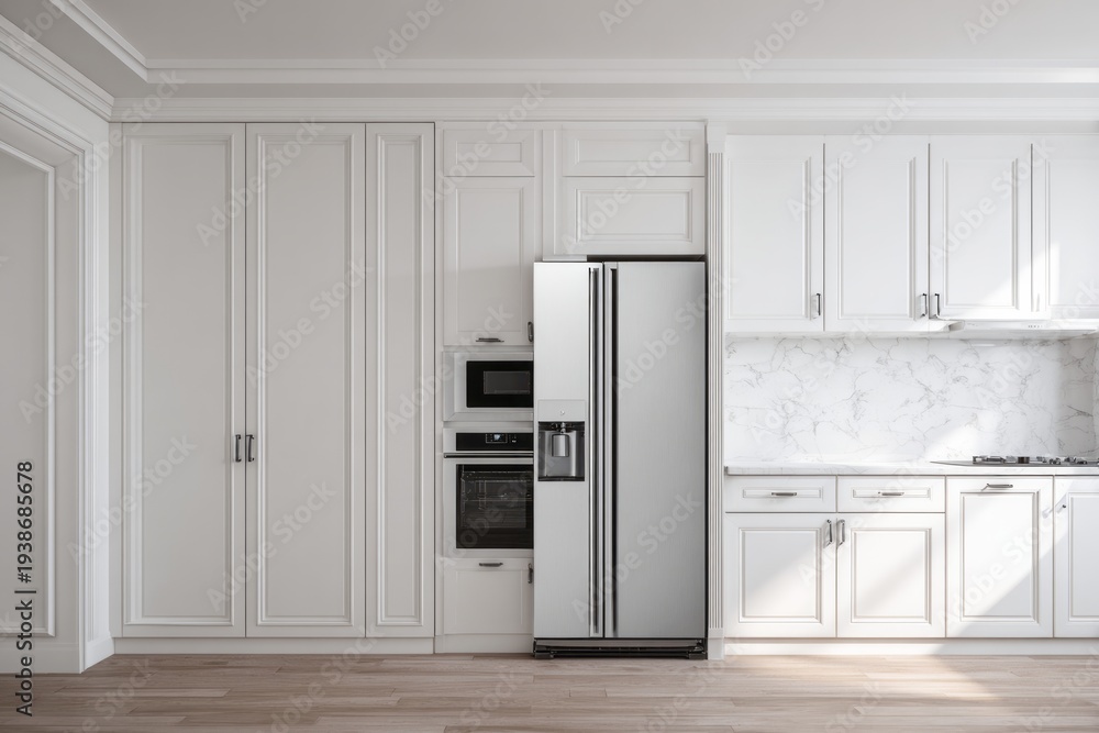 Fototapeta premium Bright, spacious, modern kitchen featuring white paneled cabinetry and stainless steel appliances