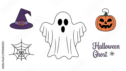 Festive Halloween icons showcase a ghost, witch hat, pumpkin, and spooky spiderweb design.