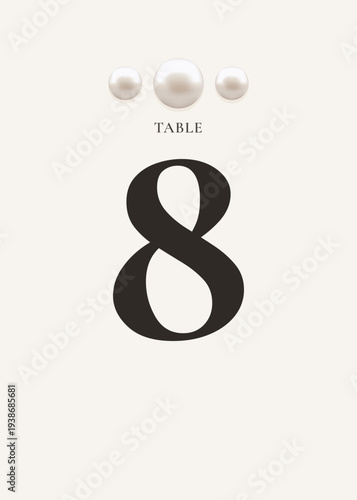 Elegant minimal table number card template with pearl decoration for wedding reception, event table seating or banquet arrangement. Luxury wedding stationery design.