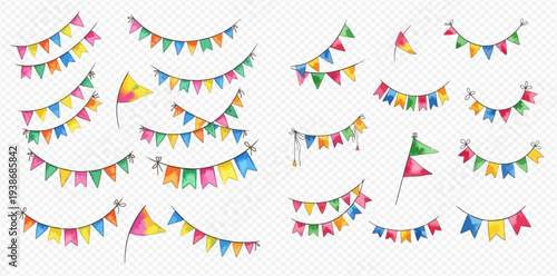 Set of colorful watercolor bunting flags for festive decoration and celebration design.
