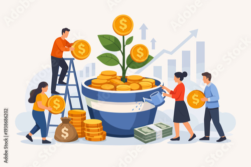 Mutual Fund Investment Growth and Wealth Management Concept with People Investing Money in a Growing Tree of Gold Coins, Financial Profit, Stock Market Success, and Savings Strategy Illustration.