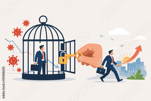 Reopen Economy After Coronavirus Lockdown, Restart Business in Normal Operation After Pandemic Peak, Businessman Released from Cage to Success and Financial Growth with Upward Trend Arrow Concept