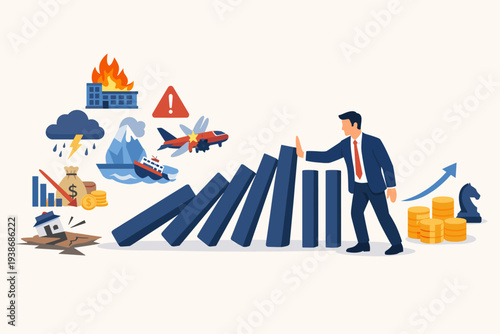 Businessman Stopping Falling Dominoes to Manage Risk and Prevent Financial Crisis, Disaster Control, Investment Strategy, Resilience Against Accidents, Fire, Storm, and Economic Loss Illustration.