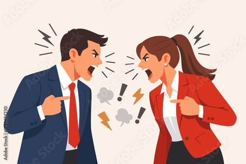 Angry Business Man and Woman Shouting at Each Other in Heated Argument, Workplace Conflict and Professional Dispute, Concept of Ego, Narcissism, and Communication Breakdown in Office Environment