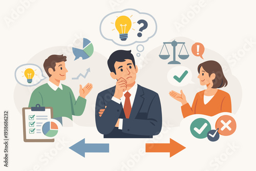 Businessman making a decision between two options with advice from colleagues. Vector illustration of logical thinking, weighing pros and cons, and seeking a second opinion for business strategy.